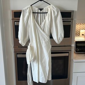 White puff sleeve wrap dress